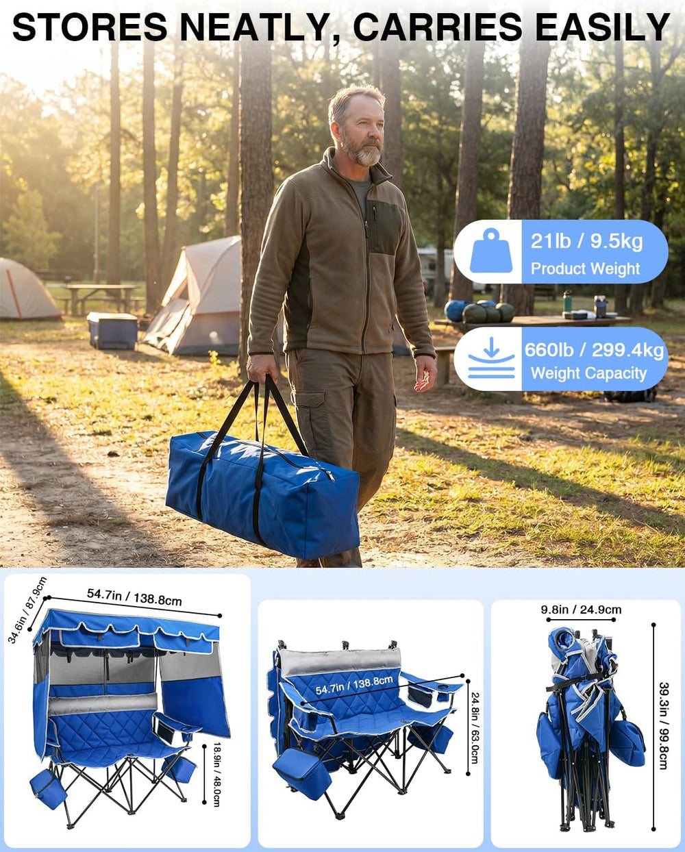 HOPERAN Double Camping Chair with Canopy, Heavy Duty 660lbs Double Beach Chai...