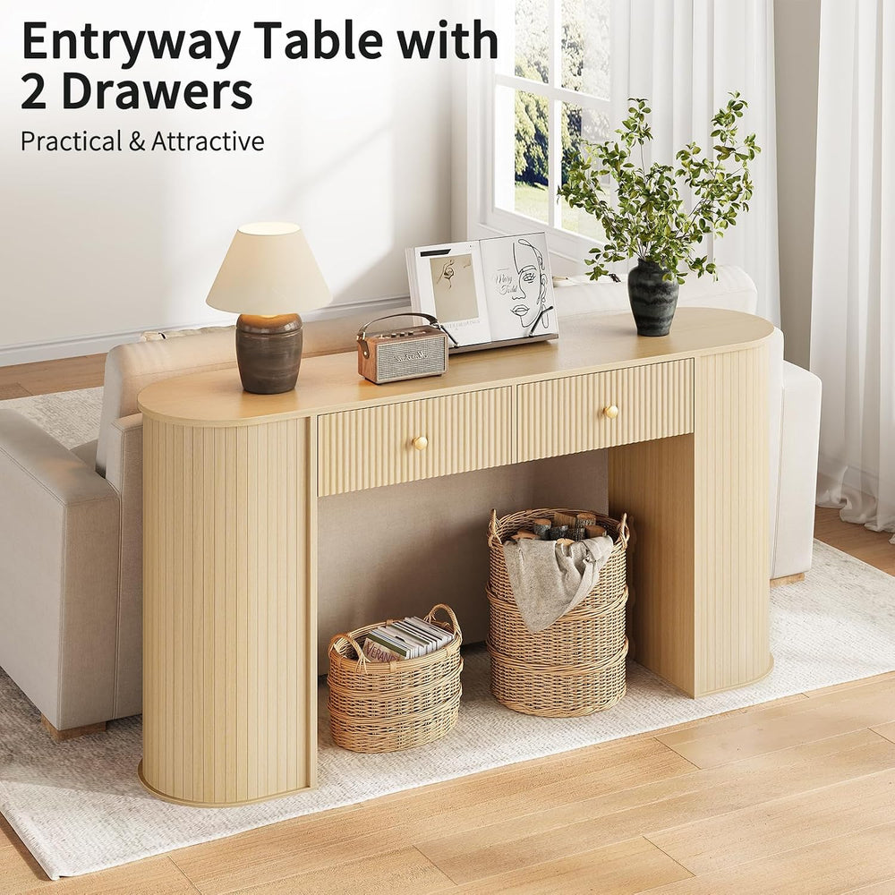 59" Fluted Console Table with 2 Drawers - Wood Entryway Table with Stora...