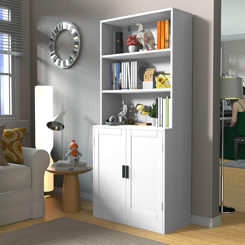 holzart 75" Tall Bookcase with Doors, 5 Tier Large Bookshelf with Cabine...