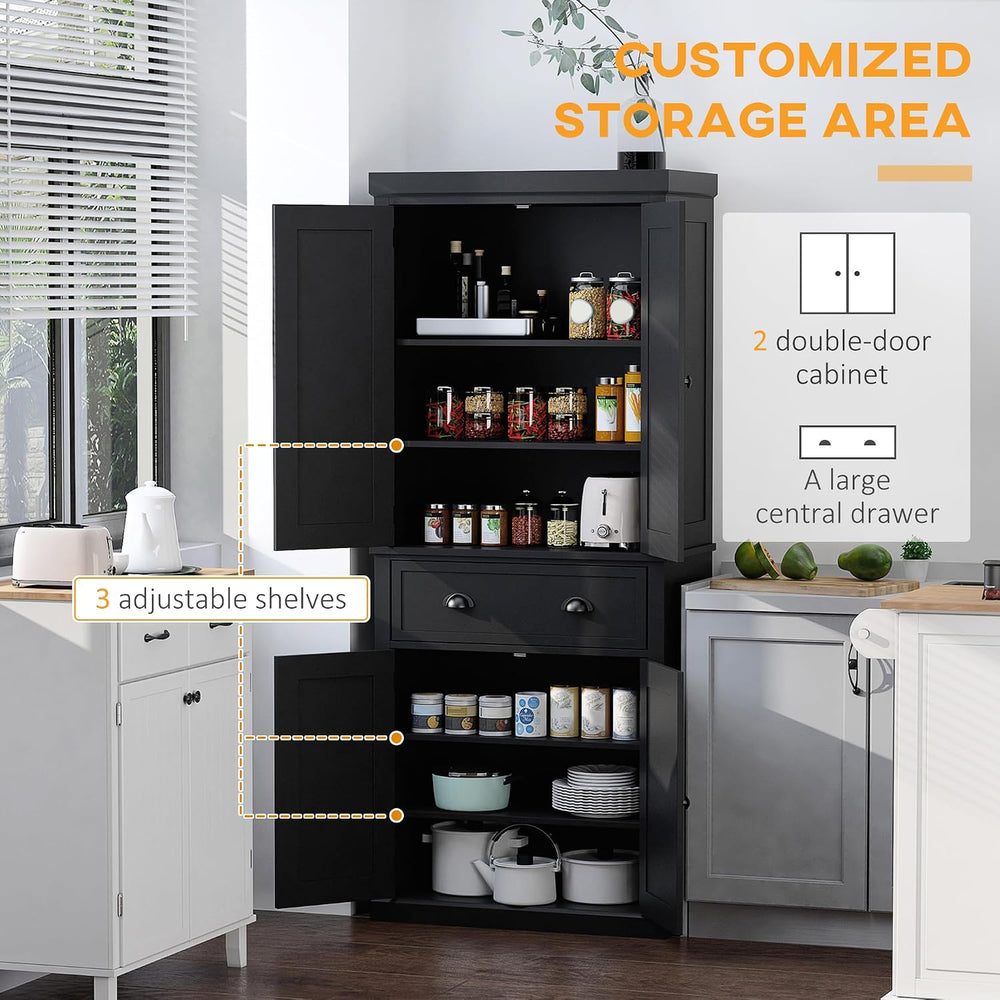HOMCOM 72.5" Kitchen Pantry Cabinet Freestanding 4 Doors Black