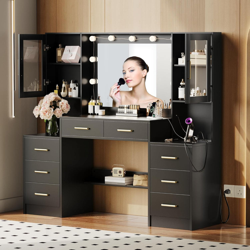 Makeup Vanity Desk with Mirror and Lights, 58.3" Makeup Vanity with Ligh...
