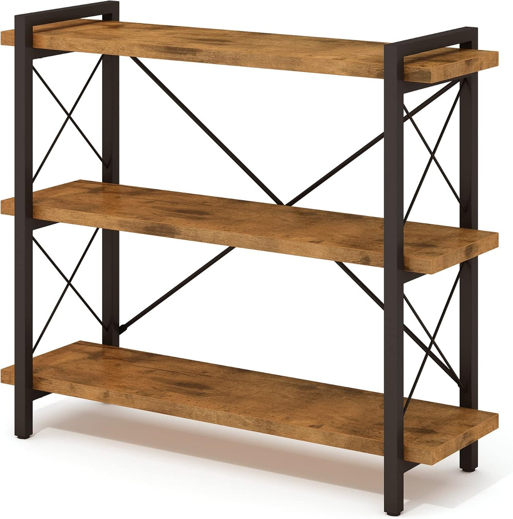 HCHQHS Bookshelf, 3-Tier Industrial Bookcase, Rustic Open Book Shelf, Wood an...