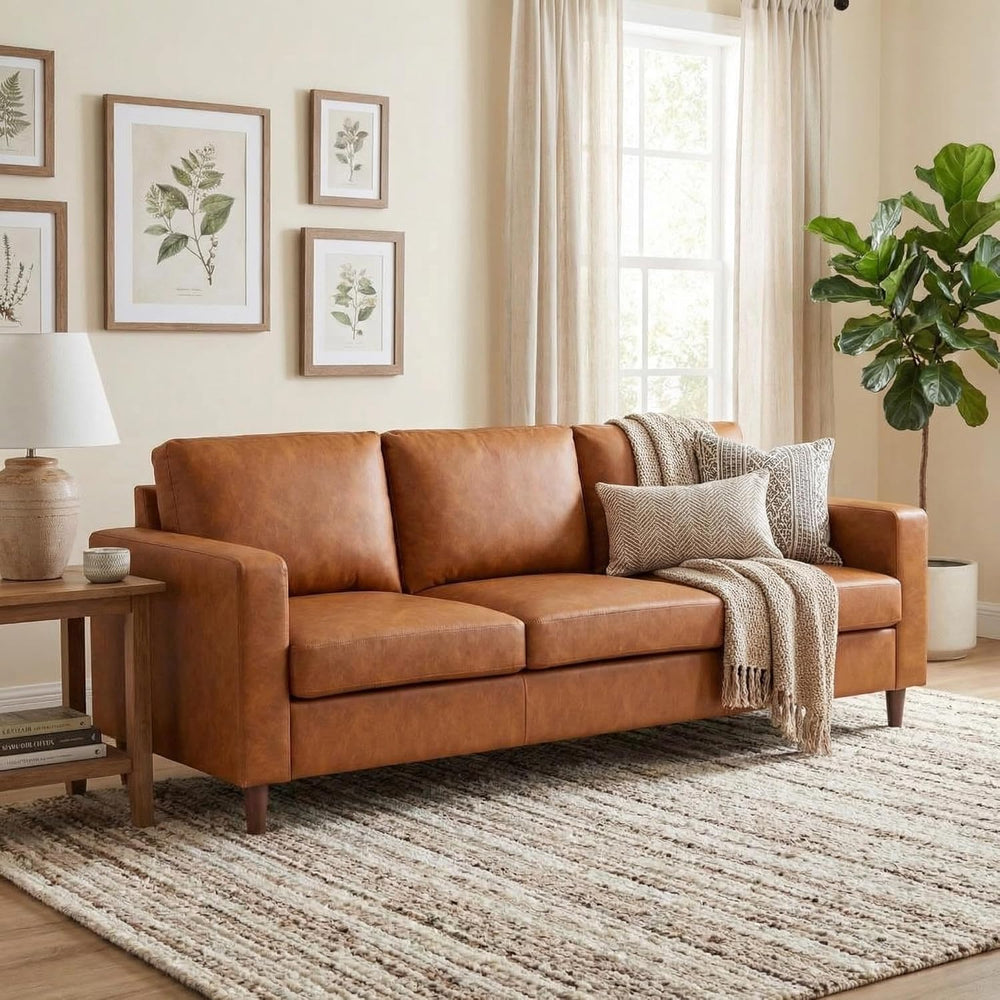 GarveeLife 85" Mid Century Modern PU Leather Sofa, 3 Seater Couch with D...