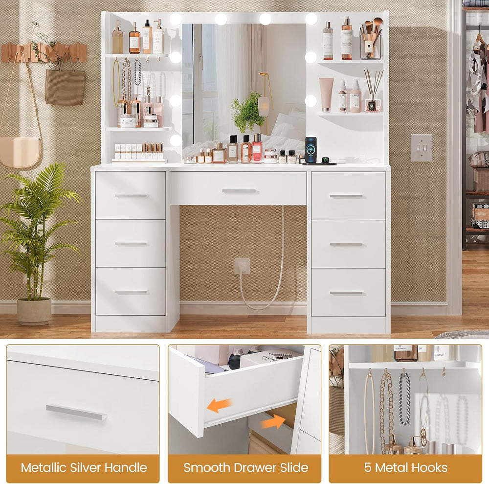 Quimoo Large Vanity Desk with LED Lighted Mirror & Power Outlet,Makeup Va...