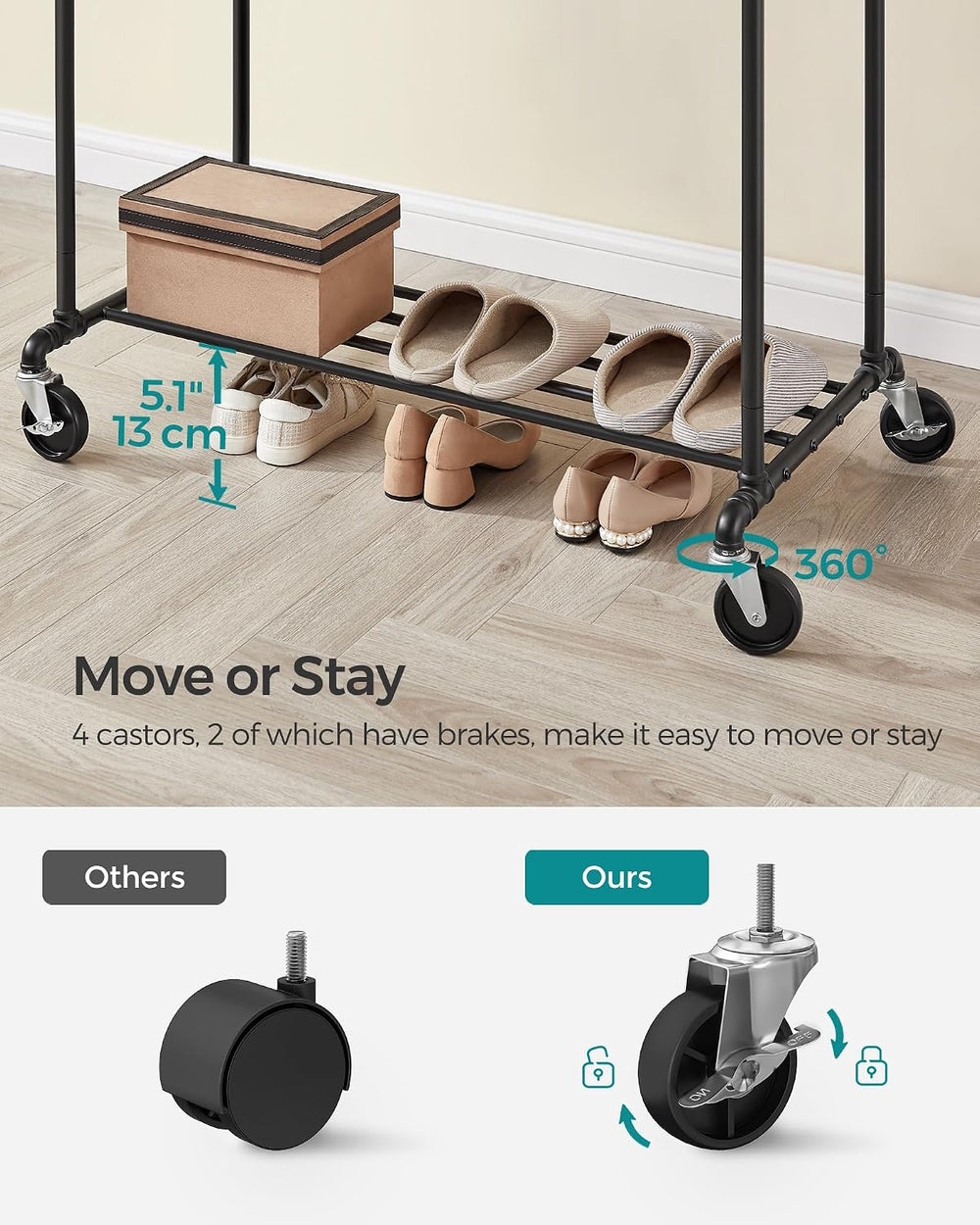SONGMICS Heavy-Duty Clothes Rack, Double-Rod, Metal Frame on Wheels