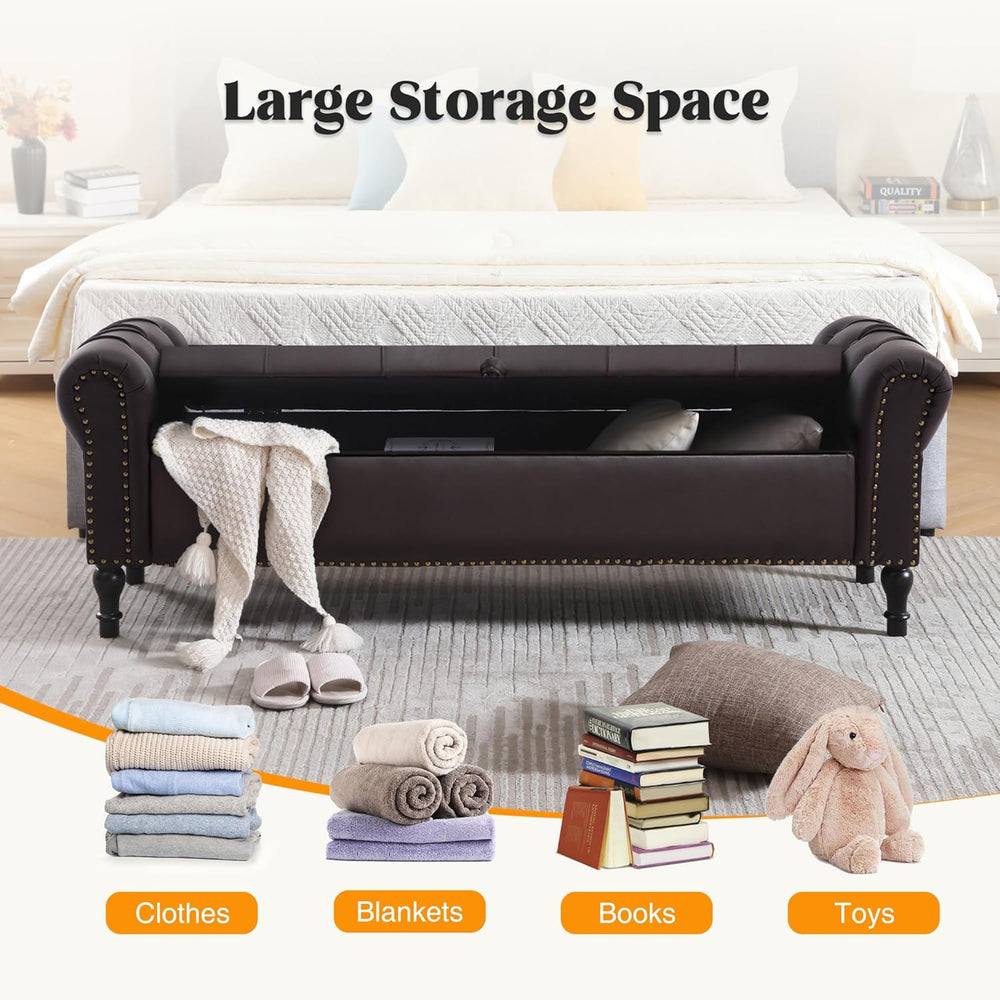 Faux Leather Storage Bench 67 Inch Upholstered Tufted Ottoman Bench with Arms...