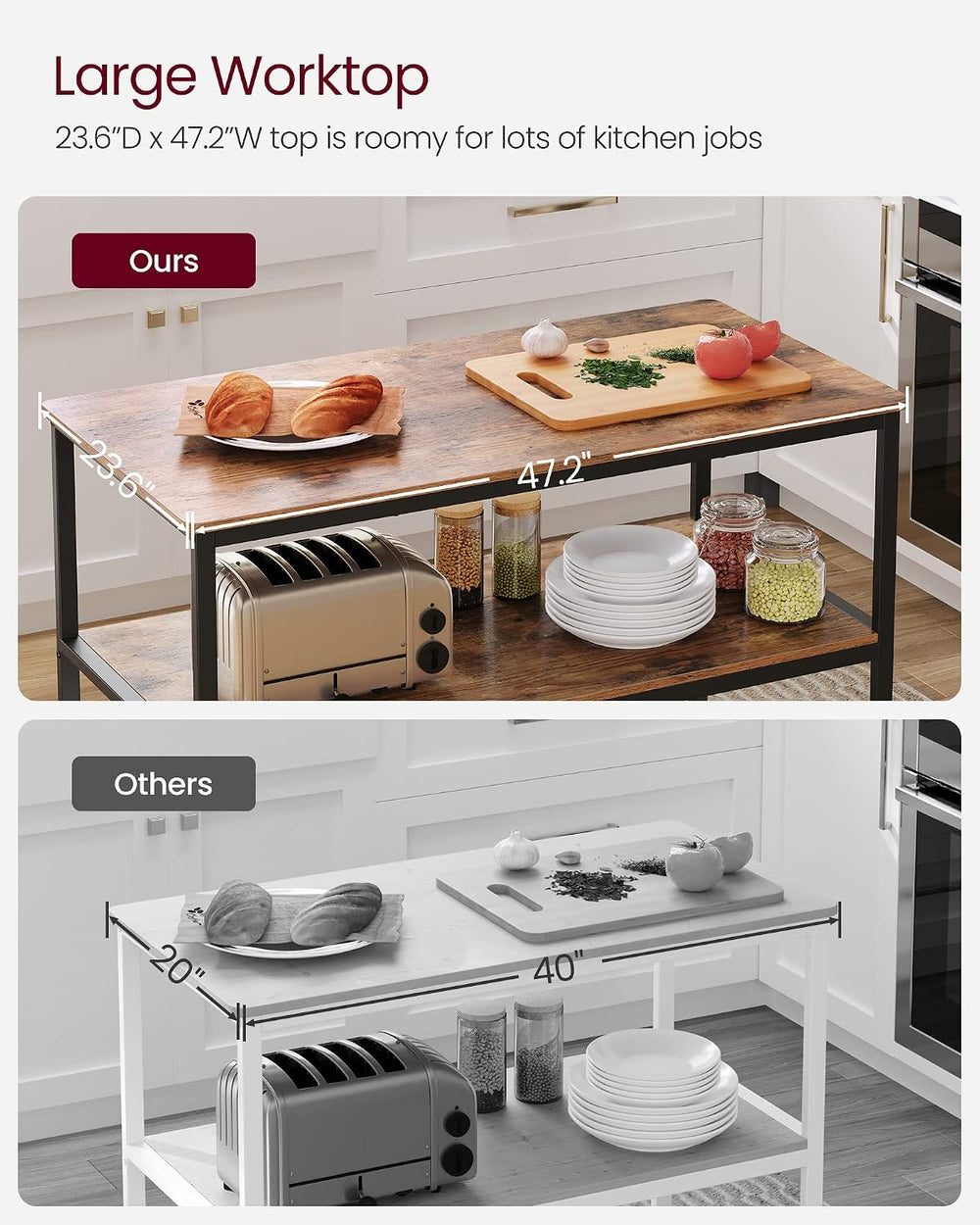 VASAGLE Kitchen Island with 3 Shelves, 47.2 Inches Width Kitchen Shelf with L...