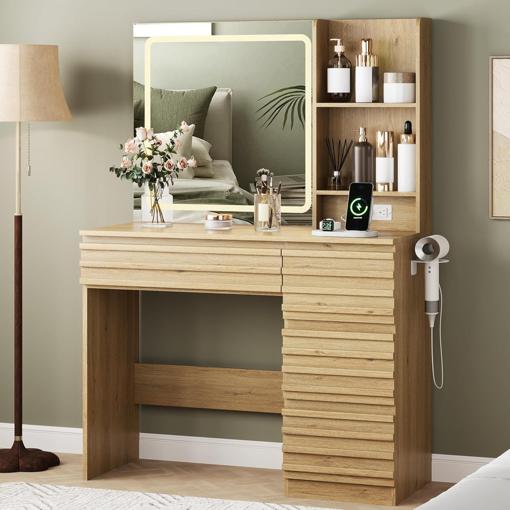Vanity Desk with Lights, Fluted Vanity with 4 Drawers, Open Shelves, Power Ou...