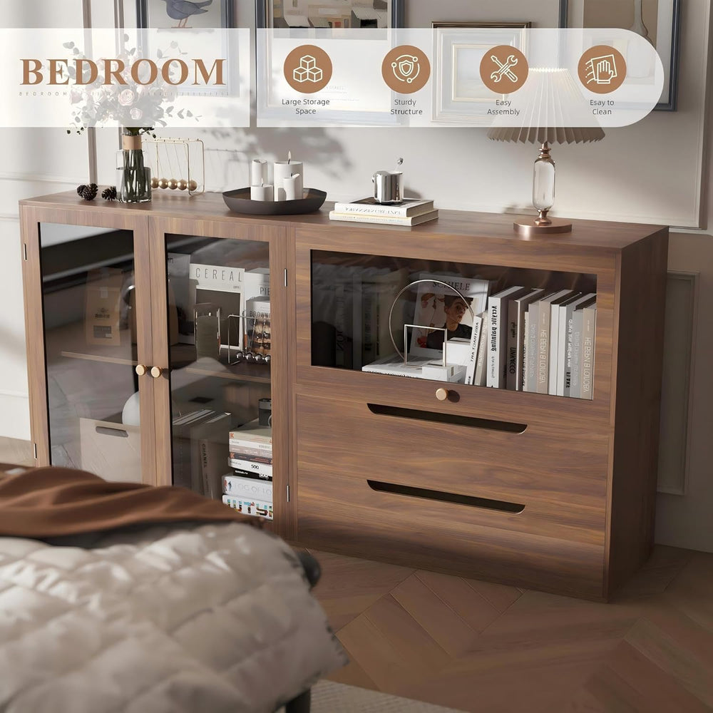 DIY Storage Cabinet 63'' Walnut - Glass Doors & Drawers Sideboard...