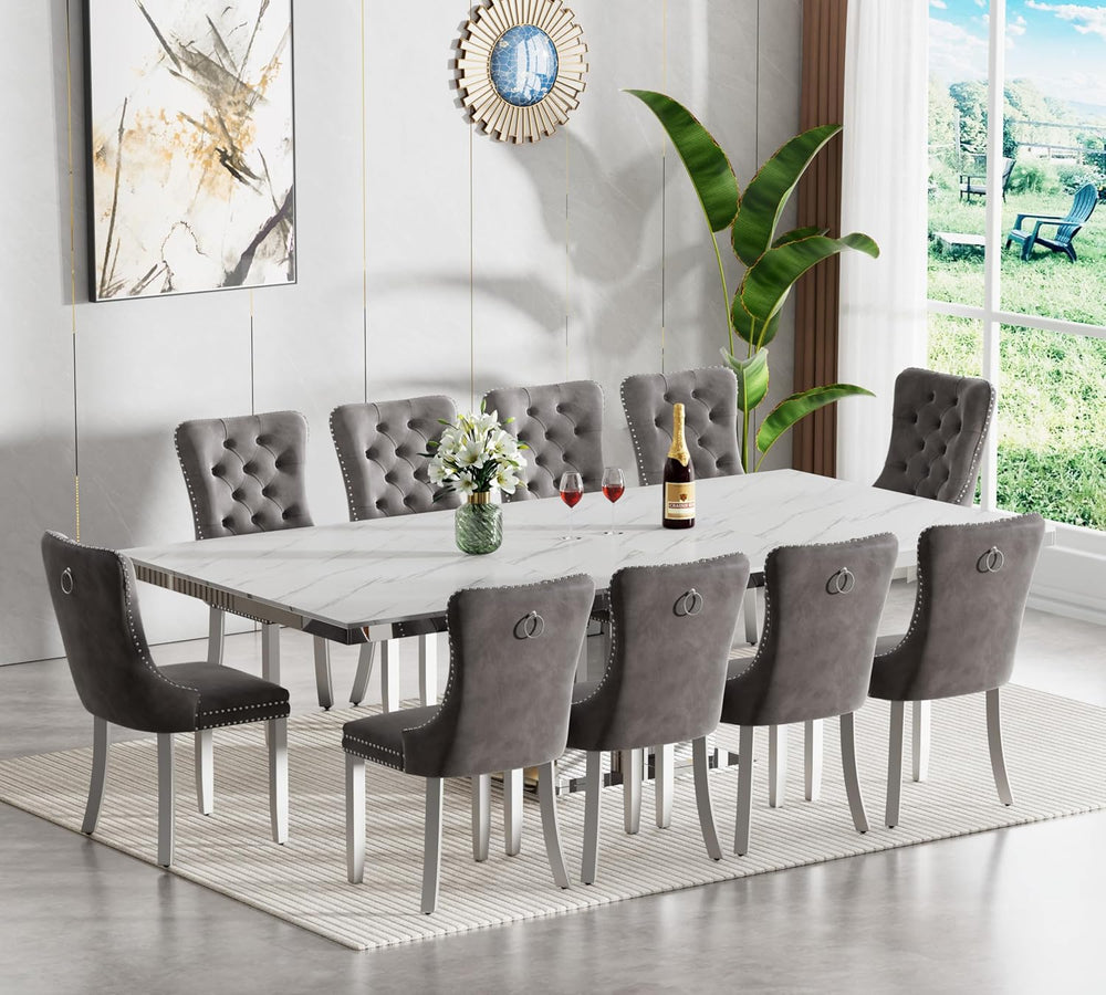 Modern Extendable Dining Table Set for 10, 94" Faux Marble Expandable Ta...