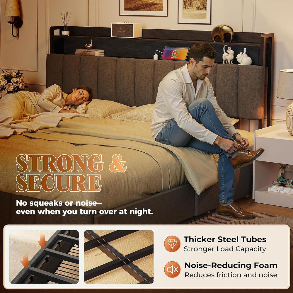 Bed Frame King Size with Upholstered Headboard & Charging Station, King B...