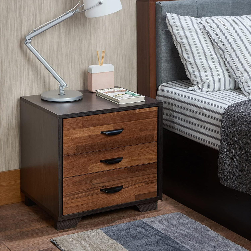 Two-Tone Finish Nightstand with 3 Drawers, Walnut and Espresso,for Small Spaces
