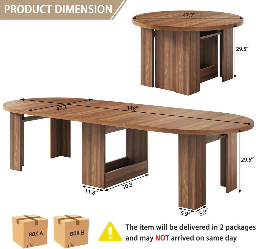 47-118 Inch Round Extendable Dining Table for 4-12, Kitchen Table with Wood S...