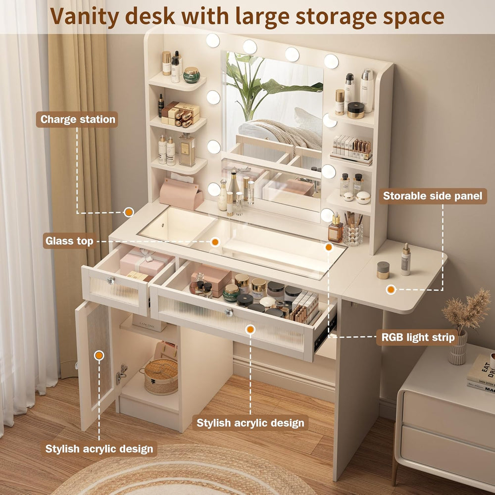 Vipbear White Vanity Desk Small Makeup Vanity Table with Mirror&Lights | ...