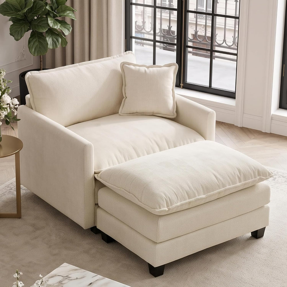 Chenille Modular Single Sofa with Ottoman, Cloud Couch with Pillow,Beige