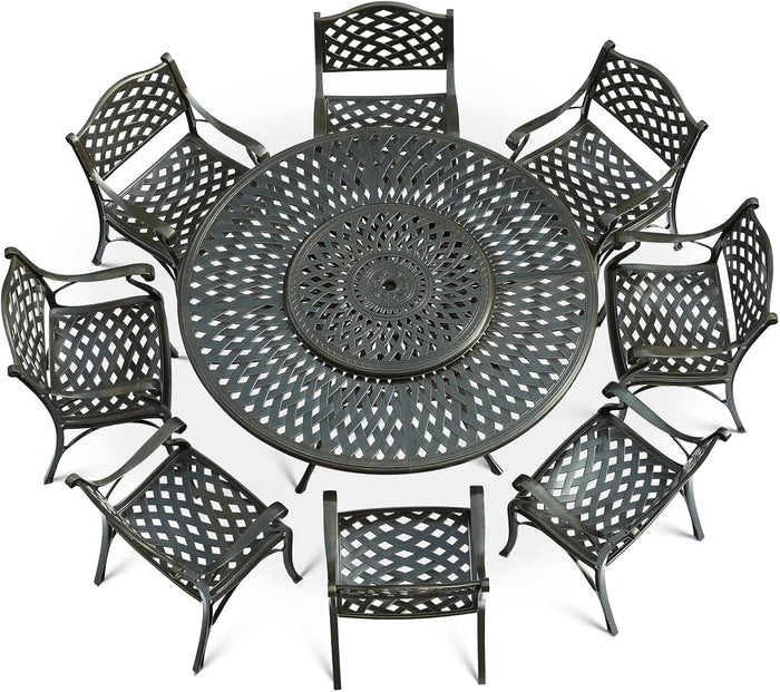 VIVIJASON 9-Piece Patio Dining Set, Rust-Free Cast Aluminum Outdoor Furniture Set, 8 Patio Dining Chairs and 61" Round Dining Table with 31" Lazy Susan, Umbrella Hole for Backyard, Patio, Garden