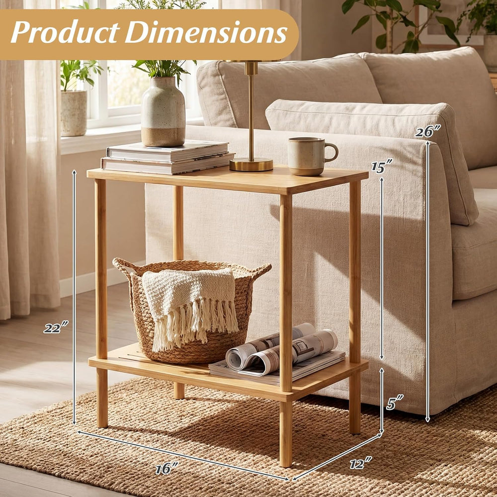 Giantex Bamboo Side Table Set of 2, 2-Tier Sofa End Bedside Table w/Storage S...