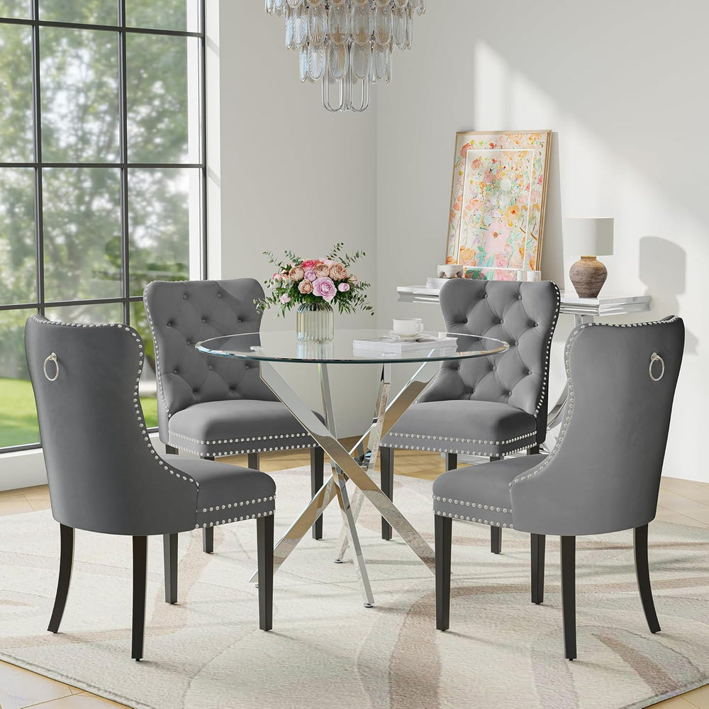 Round Glass Dining Table Set for 4, Modern 36 Inch Glass Kitchen Table with S...