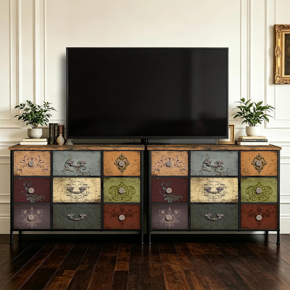 VASICAR Dresser for Bedroom with 9 Deep Fabric Drawers, Wide TV Stand