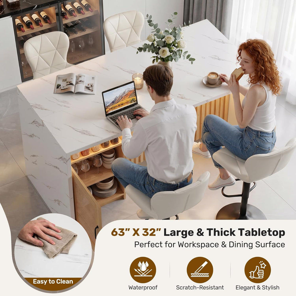 Miereirl 63”/32” Kitchen Island Table with Storage Space, Imitation Marble Is...