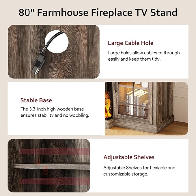 oneinmil 80'' Fireplace TV Stand with 3-Sided Glass, TV Cabinet for T...