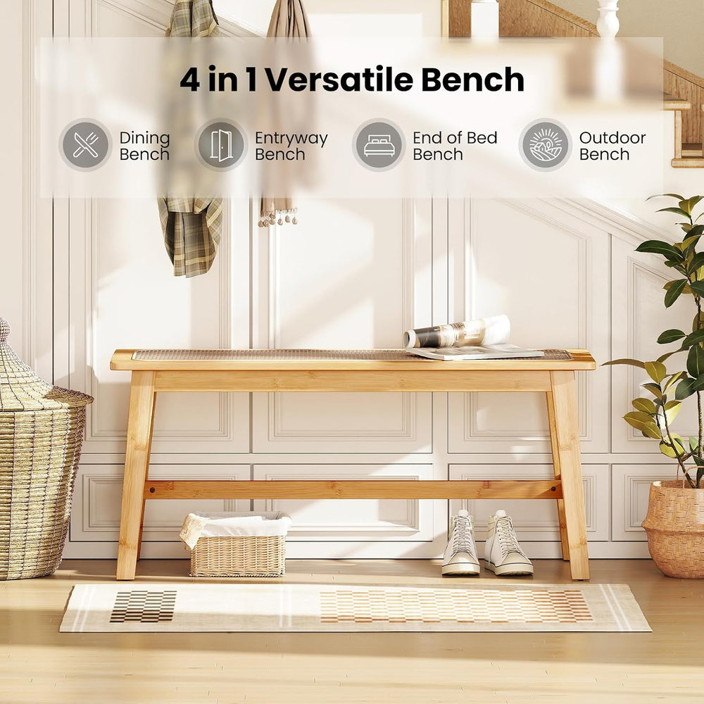 GOFLAME 39.5” Bamboo Dining Bench with Rattan Seat, Farmhouse End of Bed Benc...