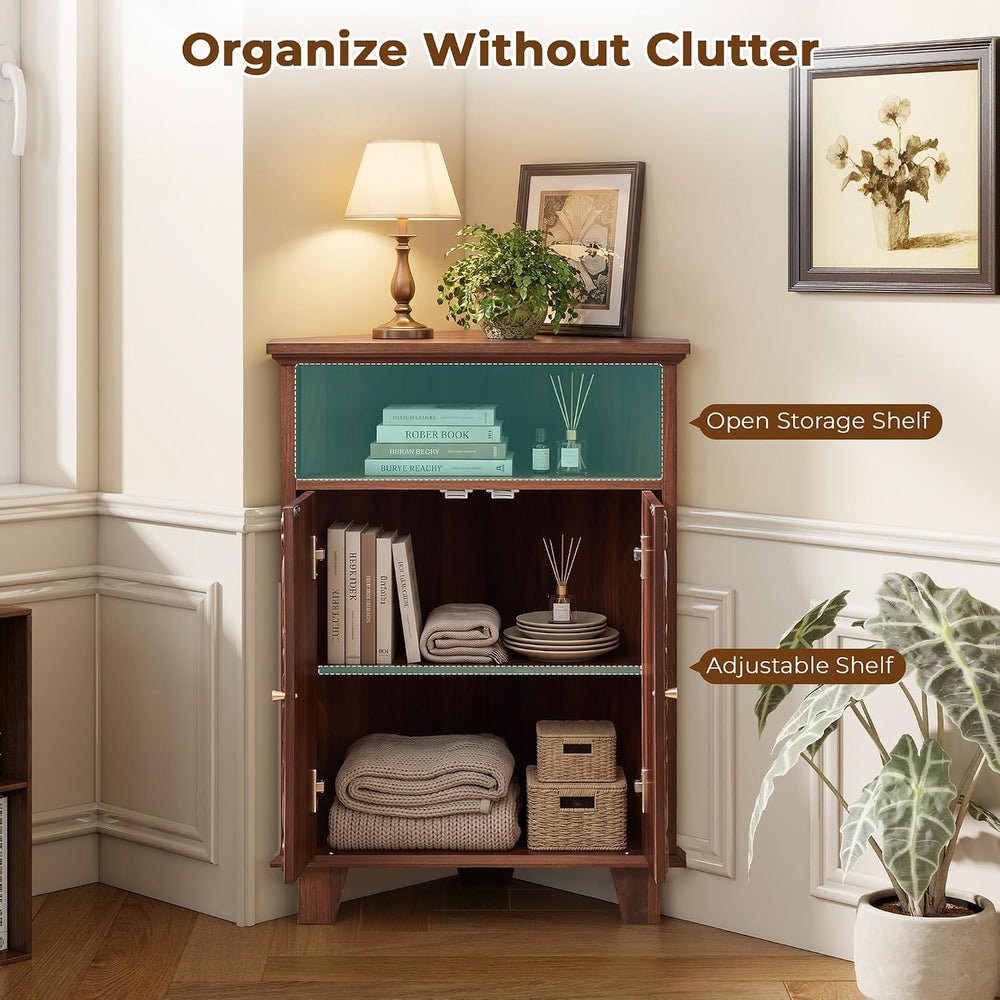 Corner Storage Cabinet, 31.5" Floral Accent Cabinet, Small Spaces, Walnut