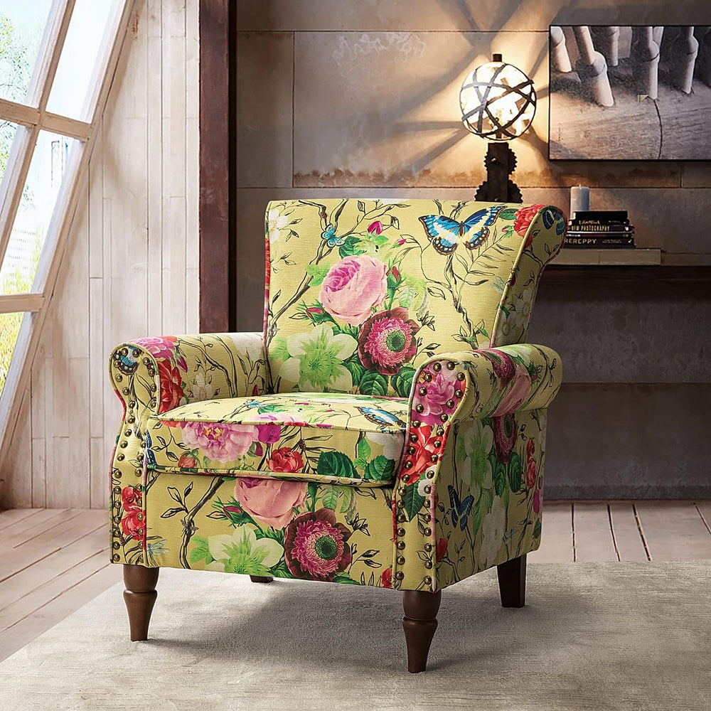 HULALA HOME Traditional Floral Accent Chair with Solid Wood Legs, Mustard | C...