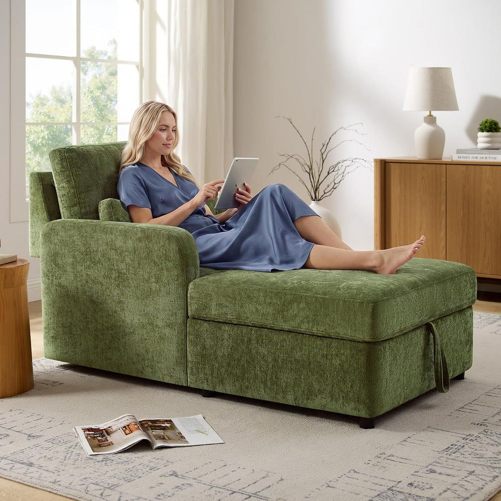 63.8" Oversized Chaise Lounge Chair with Storage, Chenille Green