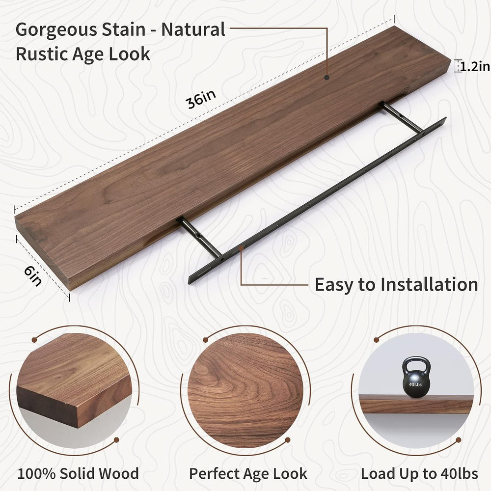 Axeman 36 Inch Solid Walnut Wood Floating Shelves, 6inch Deep Wall Shelves