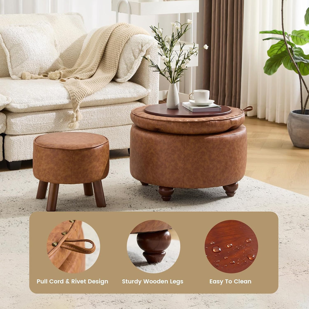 24Inch Round Storage Ottoman, Set of 2, Modern PU Leather Coffee Table with R...