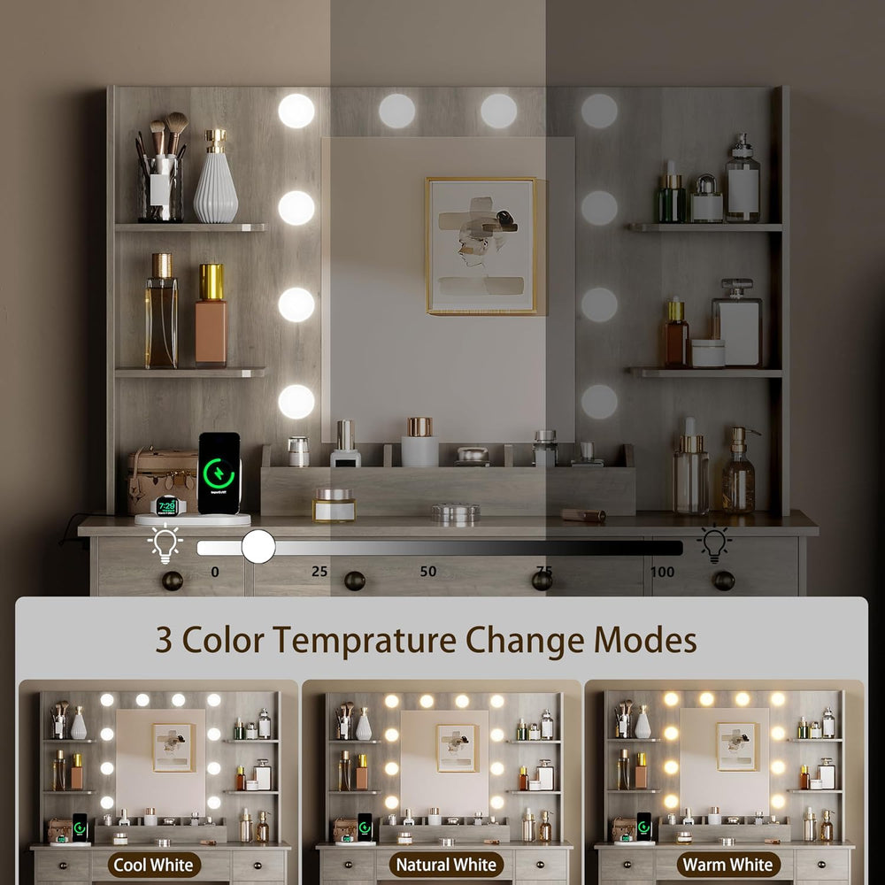 HUANLEGO Vanity Desk with Mirror and Lights, Makeup Vanity with Mirror and LE...