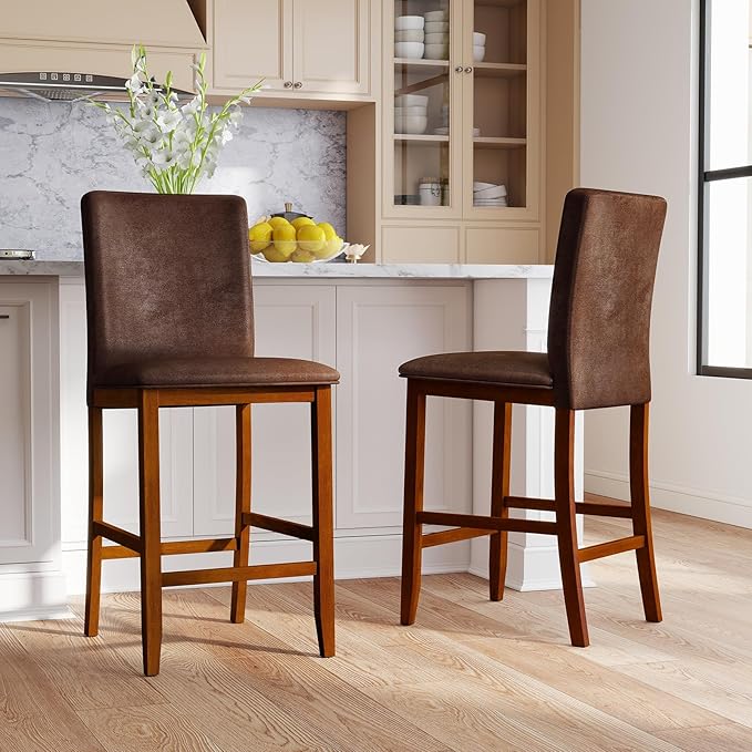 COSTWAY Upholstered Counter Height Bar Stools Set of 2, 26'' Wooden K...