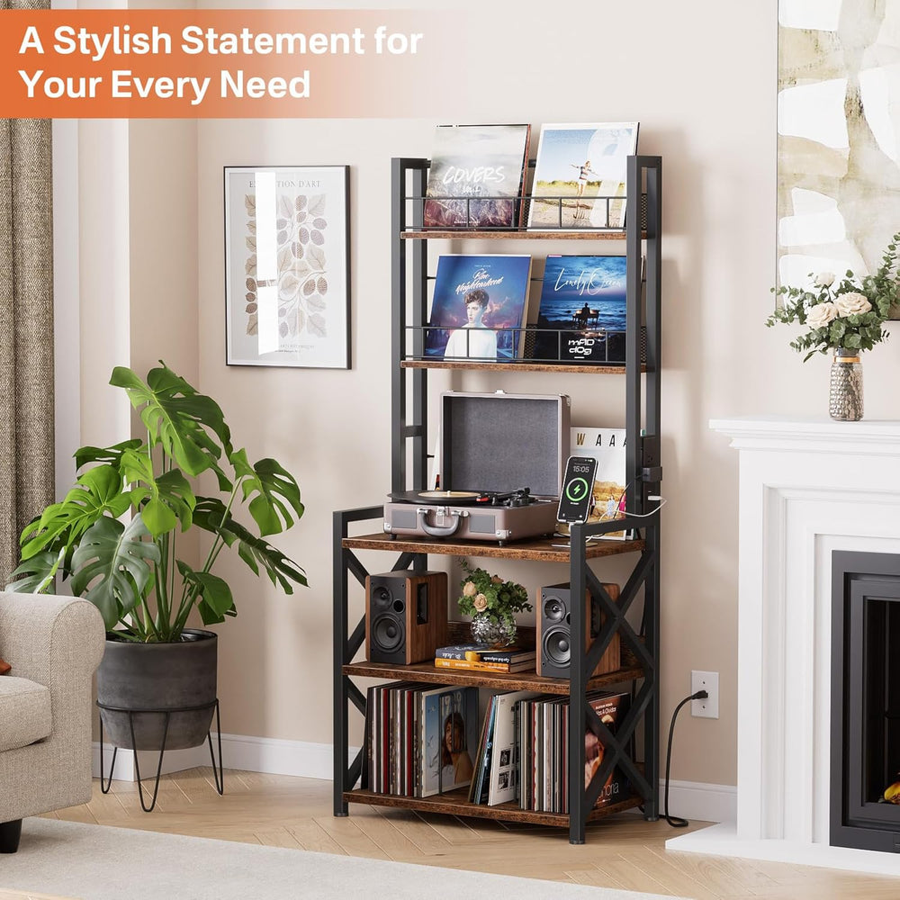 Record Player Stand with Power Outlet - Turntable Display Shelf | 5-tier Viny...