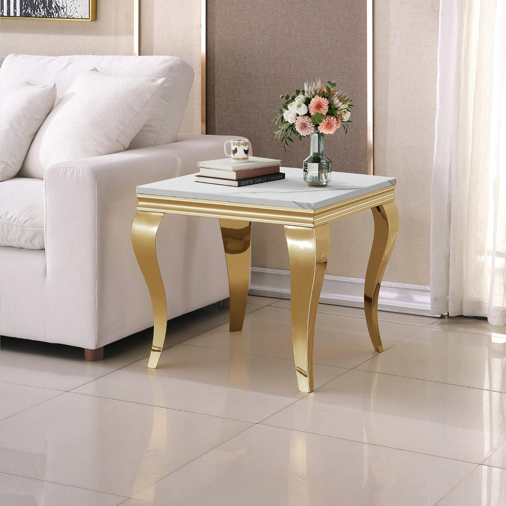 Luxury Marble Side Table, Square End Table with Faux Marble Tabletop & Go...