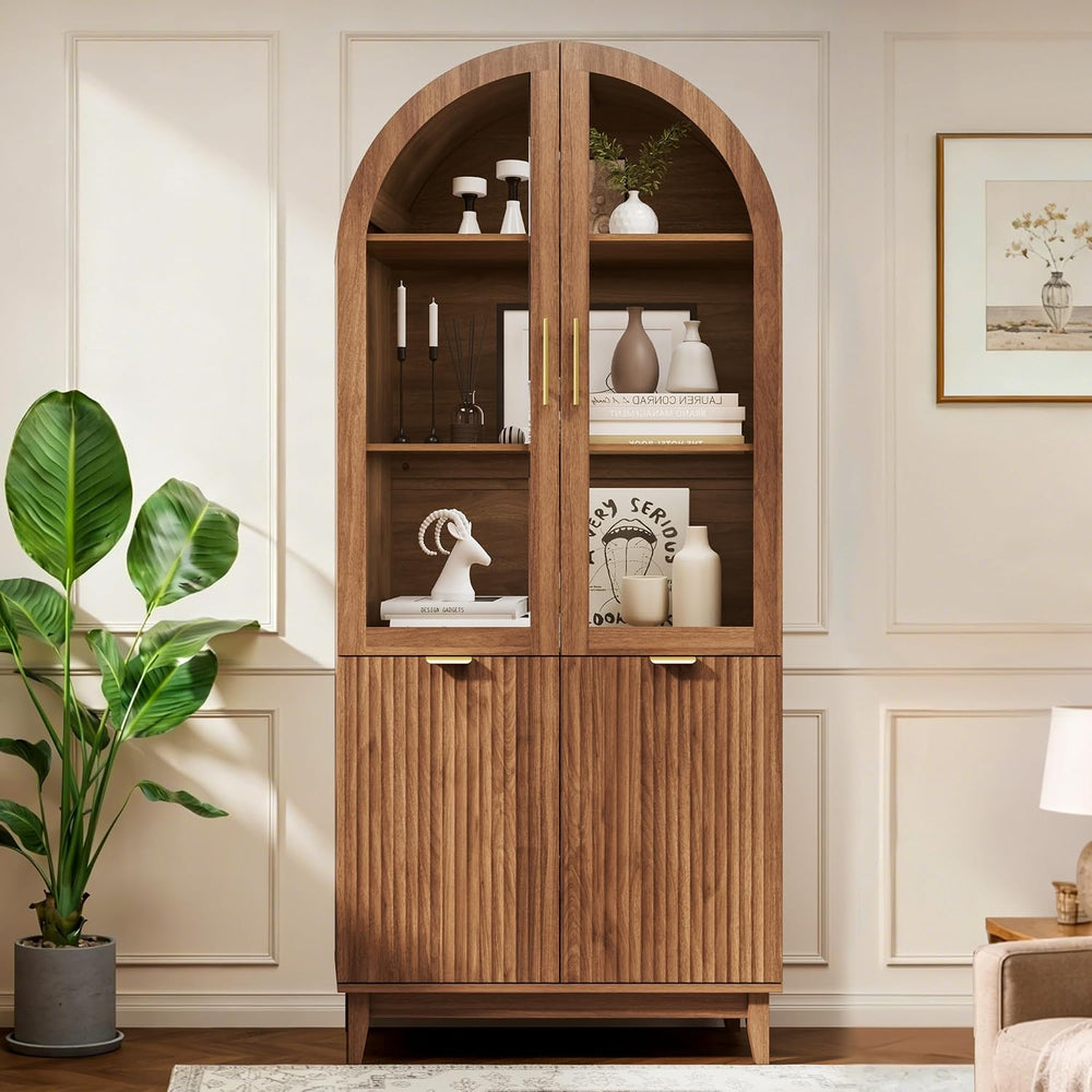 71" Tall Arched Pantry Cabinet, Kitchen Pantry with Glass Doors & Fl...