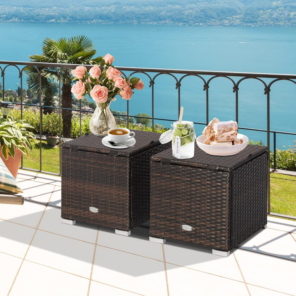Tangkula 2 Pieces Patio Ottomans, Patiojoy Hand-Woven PE Rattan Side Table wi...