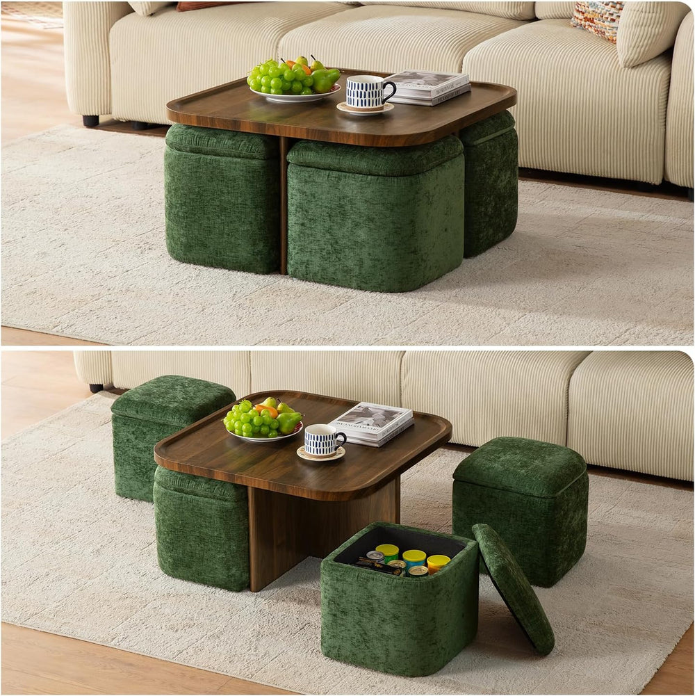 Square Coffee Table with Stools Underneath, 4 Storage Ottomans Chairs&Seats