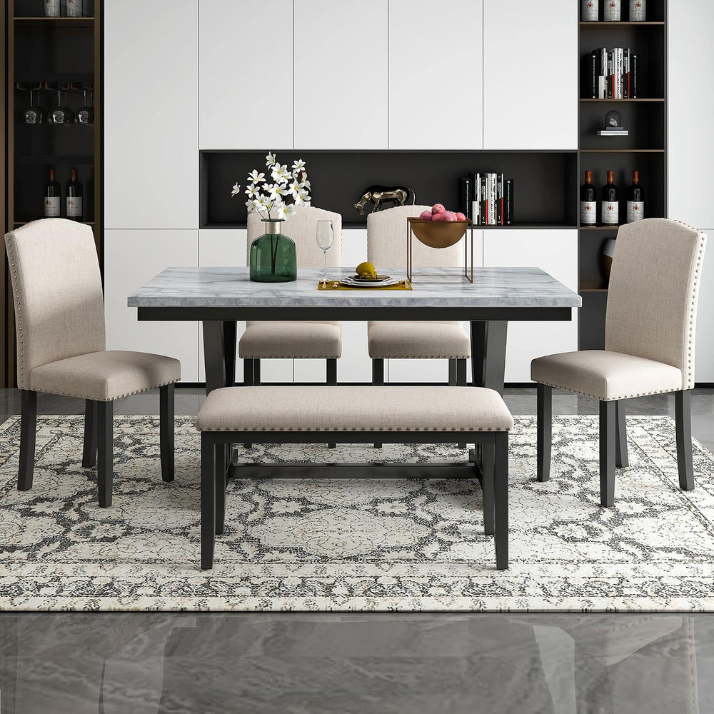 Merax Modern 6-piece Dining Table with Cushions Chairs and Bench, Elegant Din...