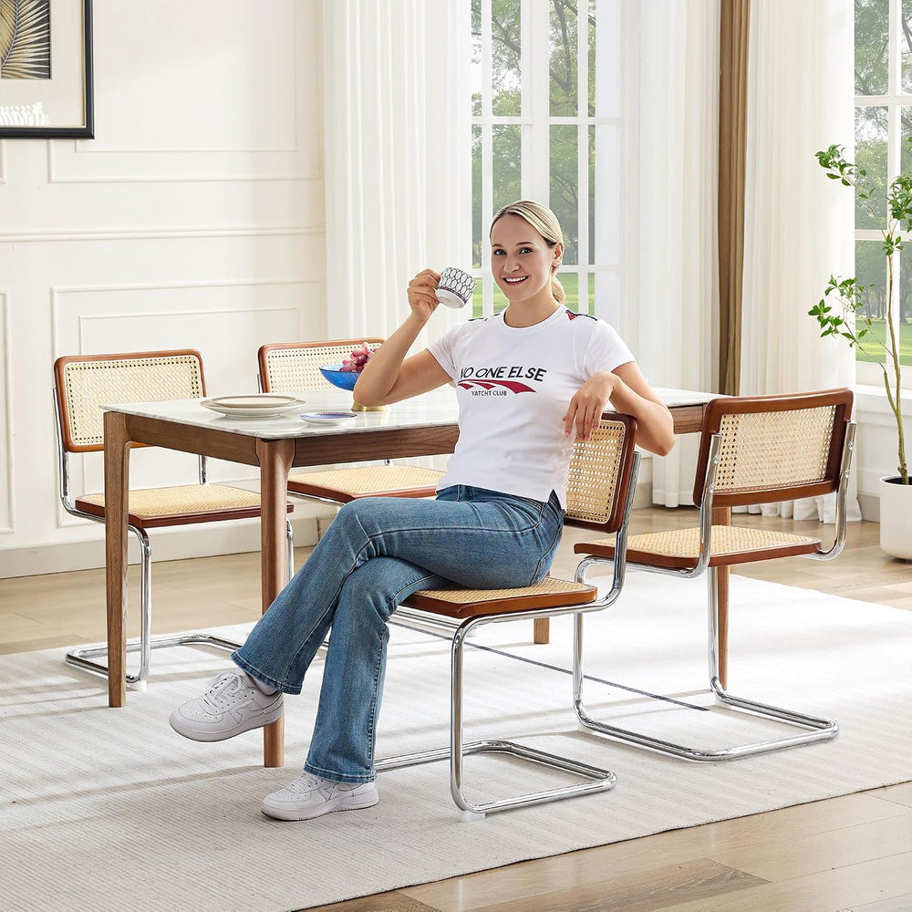 Rattan Dining Chairs Set of 2, Boho Modern Dining Chairs with Rattan Back, Cu...