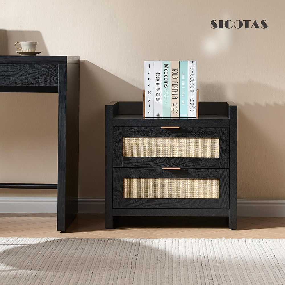 SICOTAS Rattan Nightstands Set of 2 : Bedside Table with 2 Large Drawers