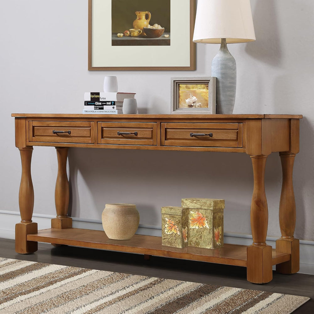 Merax Retro Entryway Table with 4 Drawers, Console Table with Open Storage Sh...