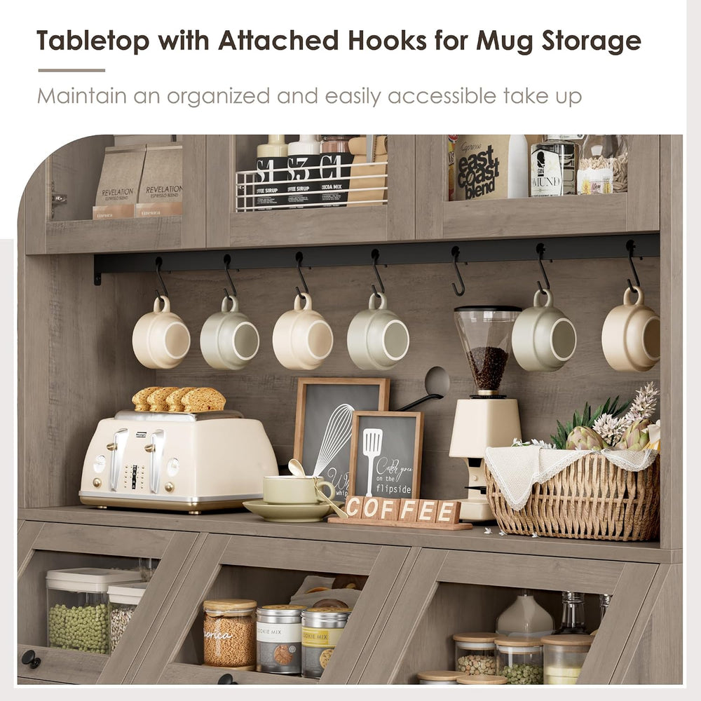 HIFIT 71.4” H Kitchen Hutch Pantry Cabinet with 3 Bread Boxes&7 Metal Hoo...