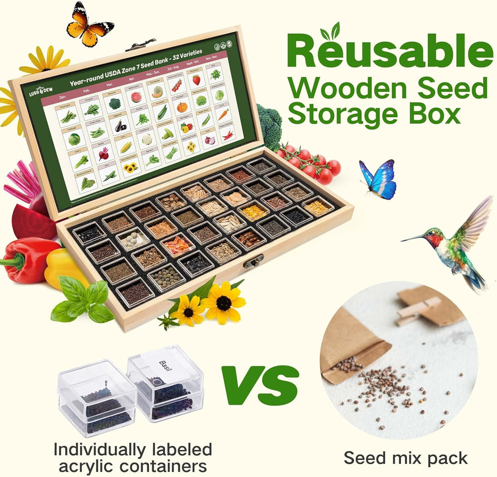 Year-Round Zone 7 Seed Bank, Gift for Mom Dad, 32 Varieties Heirloom Seeds