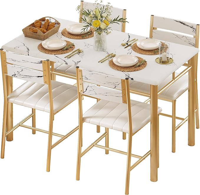IRONCK Dining Table Set for 4, Wood Kitchen Table with Upholstered Chairs for...
