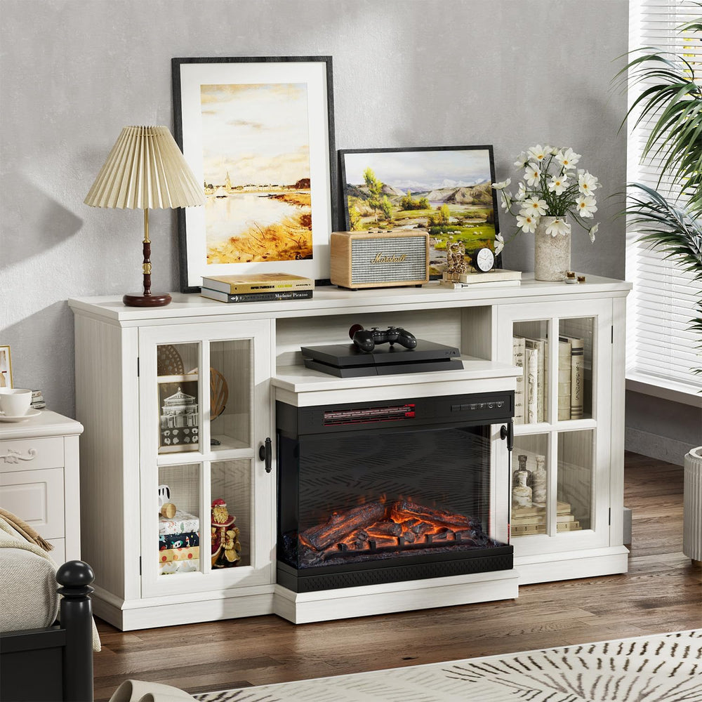 JUMMICO Fireplace TV Stand up to 65", 3-Sided Glass, Distressed White | ...