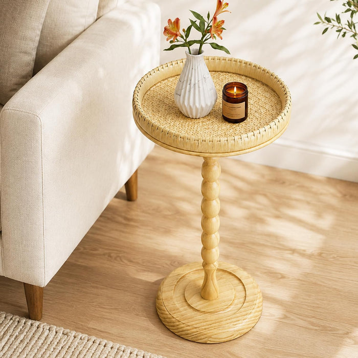 Drink Table, Rattan Round Small Side Table with Soild Leg for Small Spaces