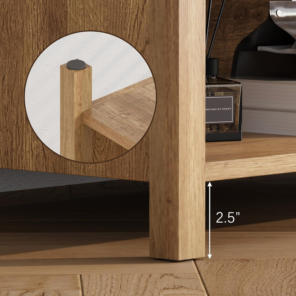 End Table with Drawer and 2 Tier Shelves, Wood Sofa Side Table for Living Roo...