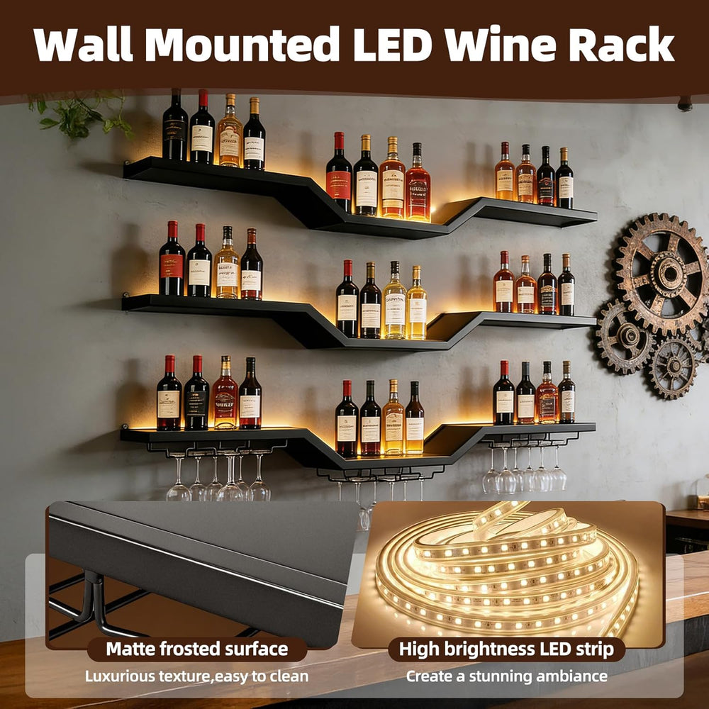 39.4" LED Modern Wall Mounted Wine Rack, 3-Tier Floating Bar Shelves | G...