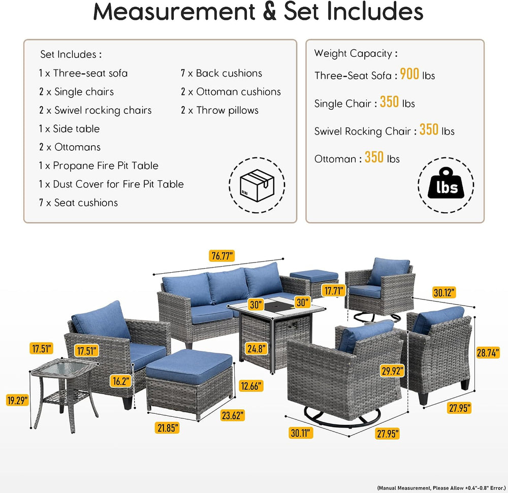 HOOOWOOO Patio Outdoor Conversation Set with Fire Pit Table,9 Piece Modern Ou...